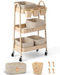 3-Tier Rolling Utility Cart with 4 Woven Baskets, Diaper Book Snack Cart, Storage Organizer for Nursery, Kitchen, Craft Room, Home SPA, Living Room, Metal Frame Trolley on Lockable Wheels, Brown - color: Brown