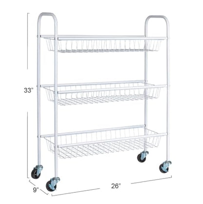 Household Essentials 3-Tier Slim Storage Cart, Heavy-Duty Steel Frame, Smooth Casters with Locks, Powder Coat Finish, Arched Handles, Easy to Assemble, Modern, Compact, White - color: White