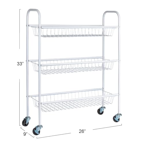Household Essentials 3-Tier Slim Storage Cart, Heavy-Duty Steel Frame, Smooth Casters with Locks, Powder Coat Finish, Arched Handles, Easy to Assemble, Modern, Compact, White - color: White