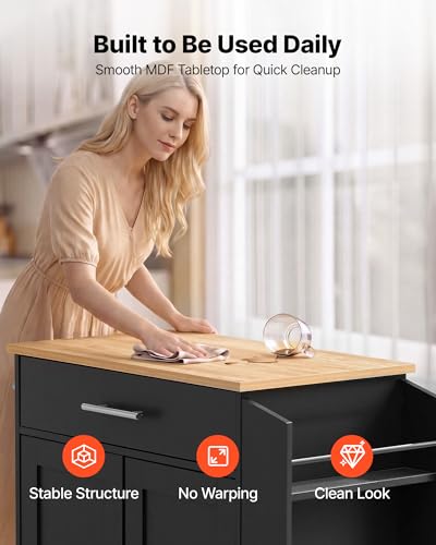 VEVOR Kitchen Island Cart with Storage, 31.3 in Wide Mobile Rolling Storage Island on Swivel Wheels, with Drawer, Storage Cabinet, Spice/Towel Rack, Table for Home Dining Room, Black - size: 31.3"W-Black