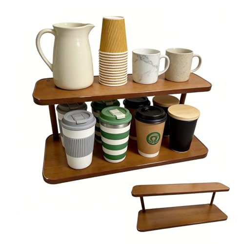 Coffee Bar Organizer, Matcha Station,2-Tier Teak Color Countertop Storage Rack,Multifunctional Cup Holder for Coffee Bar, Kitchen & Living Room,Tea Bar Accessory Countertop Organizer
