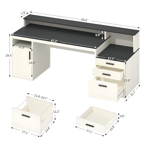 YOMILUVE 65 Inch Computer Desk with 3 Drawers & Storage Shelves, Executive Desk with File Drawer & Cabinet, Home Office Desk with Long Monitor Stand & Printer Shelf, Black & White - color: Black & White
