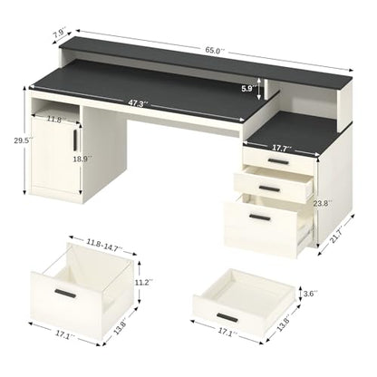 YOMILUVE 65 Inch Computer Desk with 3 Drawers & Storage Shelves, Executive Desk with File Drawer & Cabinet, Home Office Desk with Long Monitor Stand & Printer Shelf, Black & White - color: Black & White