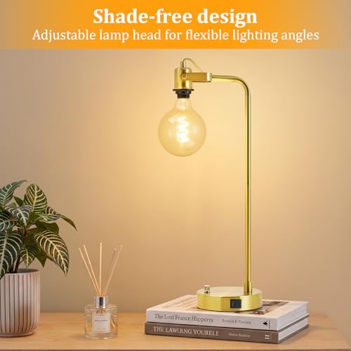 24‘’ Gold Table Lamp Set of 2 with USB A and C Ports, 180° Adjustable Stepless Dimming Bedside Lamps for Night Stands, E26 Bare Bulb Compatible, Industrial Nightstand Lamp, 9W LED Bulb Included - color: Gold-A