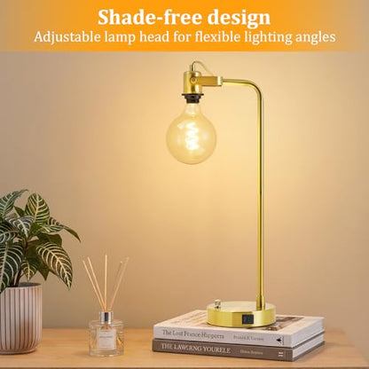 24‘’ Gold Table Lamp Set of 2 with USB A and C Ports, 180° Adjustable Stepless Dimming Bedside Lamps for Night Stands, E26 Bare Bulb Compatible, Industrial Nightstand Lamp, 9W LED Bulb Included - color: Gold-A