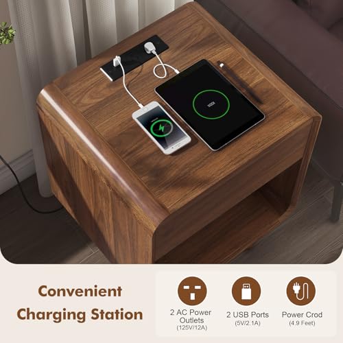 Nasonet Small Night Stand, 17.7'' Wide Bedside Table with Charging Station, Mid Century Modern Nightstands with Drawers, Bedroom Side Table End Table for Living Room, Curved Beveled Design, Walnut - color: Walnut, size: 1 Drawer