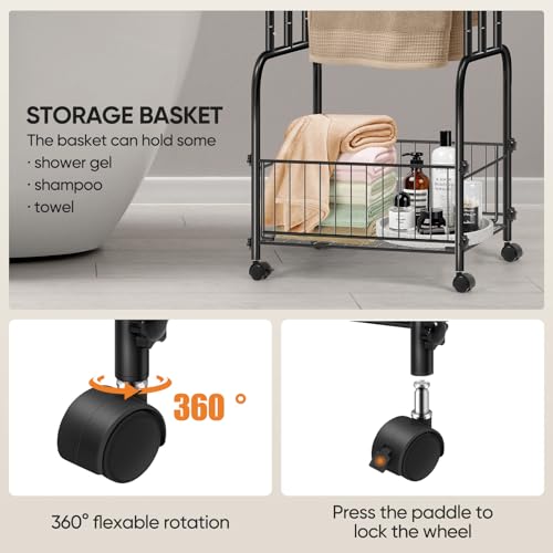 HAITRAL 42" H Standing Towel Rack, 3 Tiers Towel Holder with Basket, Bathroom Freestanding Towel Rack with 360° Anti-Skid Wheels, Multi-Use for Towel, Blanket, Clothes, Indoor/Outdoor (Black)
