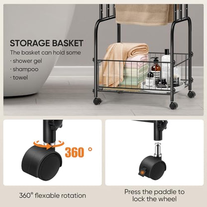 HAITRAL 42" H Standing Towel Rack, 3 Tiers Towel Holder with Basket, Bathroom Freestanding Towel Rack with 360° Anti-Skid Wheels, Multi-Use for Towel, Blanket, Clothes, Indoor/Outdoor (Black)