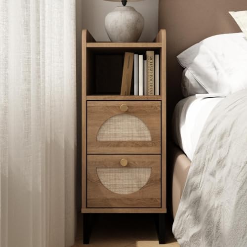 Narrow Nightstand for Small Spaces - 9.3" Slim Side Table with Rattan-Weave Drawers, Skinny Bedside Table with Open Shelf, Rustic Tall Thin Gap Filler for Bedroom & Sofa Side, Caramel Oak - color: Caramel Oak