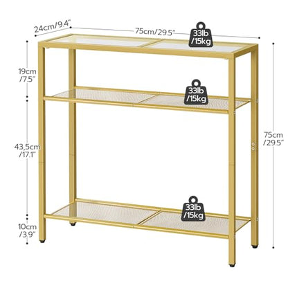 HOOBRO 29.5" Narrow Console Table, 3-Tier Tempered Glass Sofa Table, Modern Entryway Table, for Entrance, Living Room, Foyer, Hallway Bedroom, Gold GD21XG01G1 - color: Gold