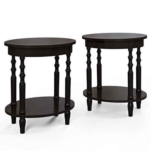 Giantex Oval End Tables Set of 2, 2-Tier Side Tables with Storage Shelf & Solid Wood Legs, Modern Living Room Accent Table, Wood Nightstand for Bedroom, Small Space, 20.5"L x 15.5"D x 24.5"H, Espresso - color: Espresso