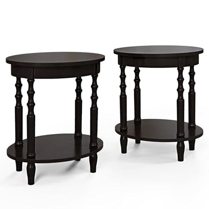 Giantex Oval End Tables Set of 2, 2-Tier Side Tables with Storage Shelf & Solid Wood Legs, Modern Living Room Accent Table, Wood Nightstand for Bedroom, Small Space, 20.5"L x 15.5"D x 24.5"H, Espresso - color: Espresso