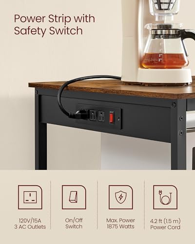 VASAGLE Kitchen Island with 3 Shelves, 47.2 Inches Width Kitchen Shelf with Power Strip, Large Worktop, Stable Steel Structure, Industrial, Easy to Assemble, Rustic Brown and Black UKKI101K01 - color: Rustic Brown + Black, size: 47.2"W x 34.9"H, style: wi