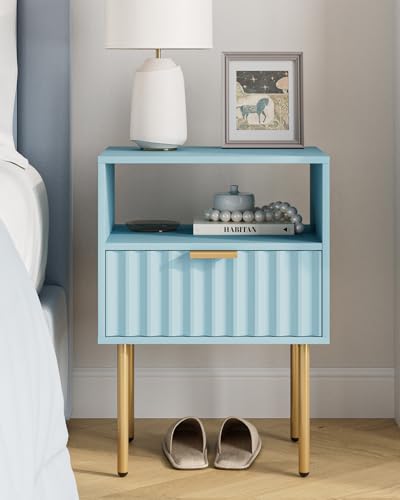 Night Stand,Modern Bedside Table with Drawer and Shelf,Blue Night Stand with Gold Frame,Small Side Table for Bedroom,Living Room - color: Blue