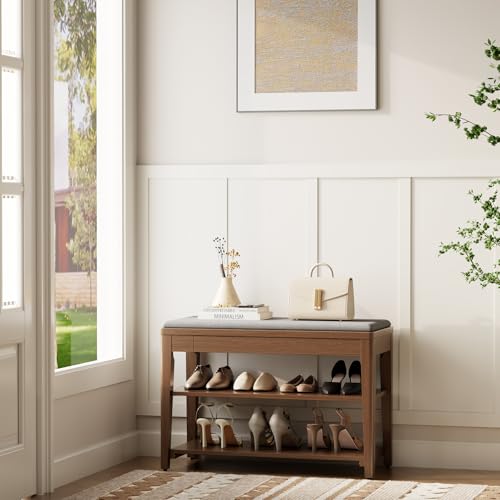 Small Shoe Bench with Storage, Wooden Shoe Storage Bench with Cushion&Hidden Drawer, 2-Tier Shoe Rack Bench for Entryway, Mudroom, Hallway - size: 31.5"W x 13.6"D x 21.3"H