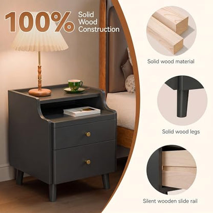 Nightstand with Drawers, Pre-Assembled, 19.7" H Natural Solid Wood Night Stand with Open Sliding Shelf, Mid Century Modern Small Bedside Table Cabinet for Bedroom, Black 16" - color: Black, size: 16"