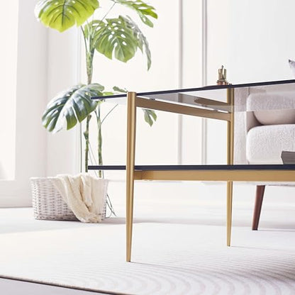 LumFurn Rectangle Coffee Table for Living Room, Mid-Century Modern Design, L41 x W21 x H17, 2-Tier Structure, Clear Glass Top and Black Marble Wood Shelf, Conical Metal Legs with Gold Finish - color: Grey & Black Marble, size: L41" Rectangle Coffee Table