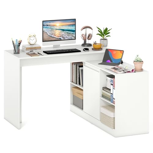 GIANTEX 48" Reversible L-Shaped Computer Desk, Modern Corner Computer Workstation with 2 Doors & 4 Open Storage Cubes, Large Executive Desk for Home Office, White/Black (White)