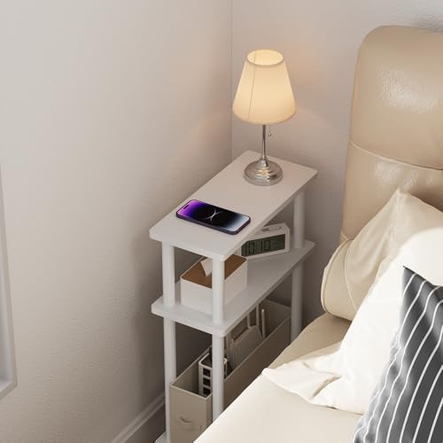 Apicizon Small Narrow Side Table, 3-Tier Skinny End Table with Fabric Basket, Slim Nightstand Bedside Table for Small Spaces, Living Room, Bderoom, White - color: White, style: Narrow Side Table with Basket