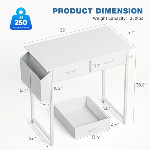 Anwick Compact Computer Desk with Storage Bag, Headphone Hook & Adjustable Feet - Modern Home Office Desk for Small Spaces, Bedroom or Study, Durable Metal Frame, Simple Design (White)