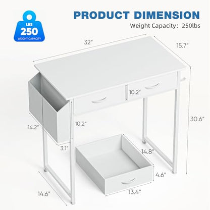 Anwick Compact Computer Desk with Storage Bag, Headphone Hook & Adjustable Feet - Modern Home Office Desk for Small Spaces, Bedroom or Study, Durable Metal Frame, Simple Design (White)