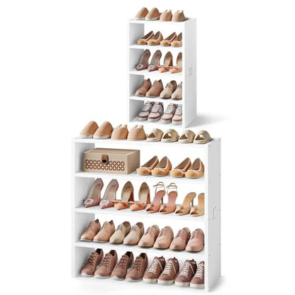 Hoctieon 2 Pack Expandable Shoe Shelf, 2-Tier Adjustable Shoe Shelf Storage Organizer, Stackable Iron Wood Combination Free Standing Shoe Rack for Entryway, Closet, Doorway, White - size: 2 Pack(4-Tier)
