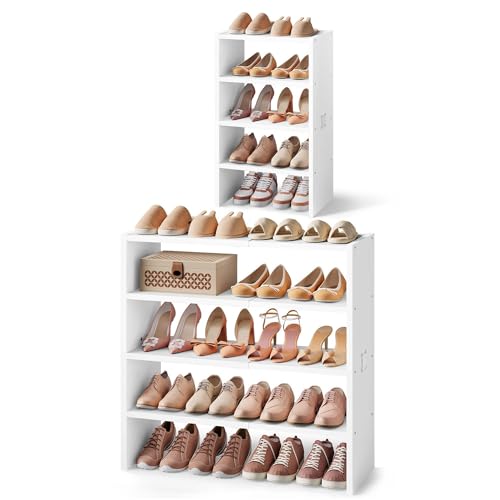 Hoctieon 2 Pack Expandable Shoe Shelf, 2-Tier Adjustable Shoe Shelf Storage Organizer, Stackable Iron Wood Combination Free Standing Shoe Rack for Entryway, Closet, Doorway, White - size: 2 Pack(4-Tier)