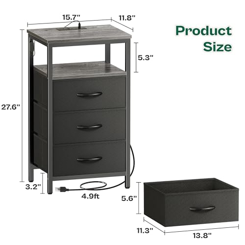 Huuger Night Stand with Charger Station and LED Lights, 3 Drawer Nightstand, Bed Side Table with Open Shelf, End Table, Tall Fabric Dresser for Bedroom, Grey - color: Grey, size: 11.8"D x 15.7"W x 27.6"H（3 Drawers）