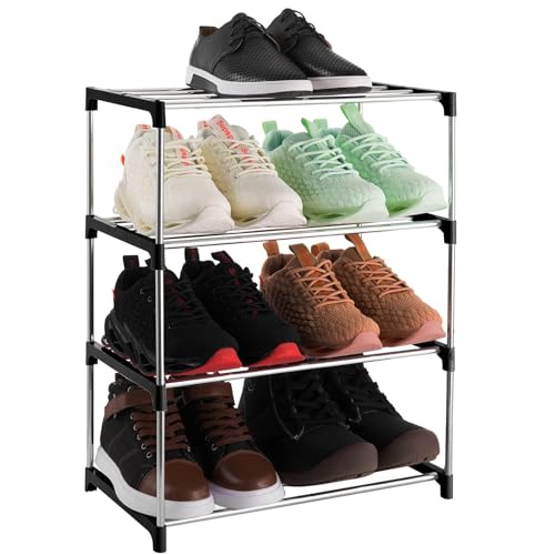 4-Tier Stackable Small Shoe Rack, Lightweight Shoe Shelf Storage Organizer | [Black] [For Entryway, Hallway and Closet] - color: Black, size: 4-Tier
