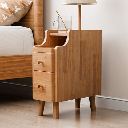 Narrow Nightstand with Drawers, 19.7" H Pre-Assembled Solid Wood Small Skinny Night Stand with Open Sliding Shelf, Mid Century Modern Slim Bedside Table for Bedroom, Natural Oak,8" - color: Oak, size: 8"