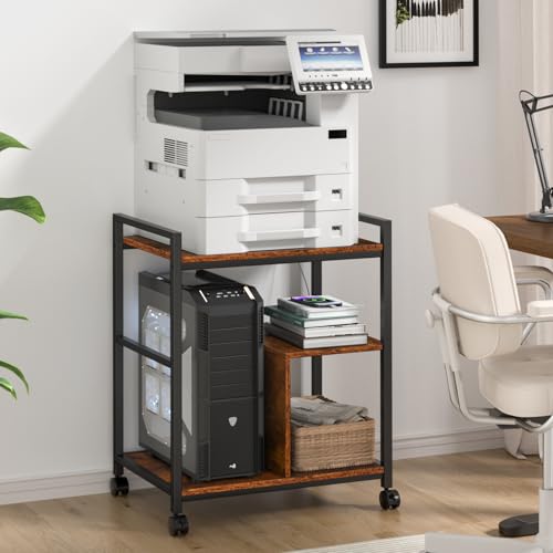 Lerliuo 24" Wide Large Printer Stand with Storage, Brown | Printer Table for Home Office with Charging Station, 3 Tier Industrial Mobile Printer Cart with Lockable Wheels - color: Brown