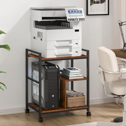 Lerliuo 24" Wide Large Printer Stand with Storage, Brown | Printer Table for Home Office with Charging Station, 3 Tier Industrial Mobile Printer Cart with Lockable Wheels - color: Brown