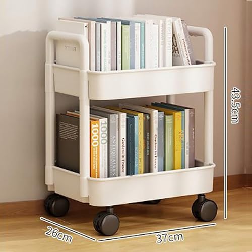 2 Tier Plastic Rolling Cart, Multi Function Cart with Lockable Casters with Hook, Stable and for Kitchen, Bathroom, Office, Living Room