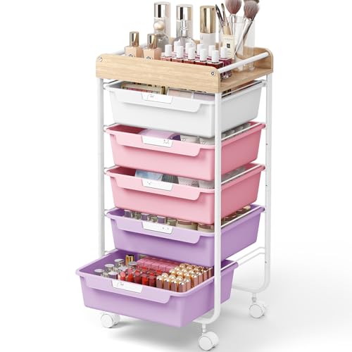 SYKIARIOL Rolling Storage Utility Cart with 5 Drawers,Purple | Craft Cart with Wheels,Makeup Organizer,Art Supply And Storage Wooden Tabletop - color: Dreamy Color, size: 5-Drawers