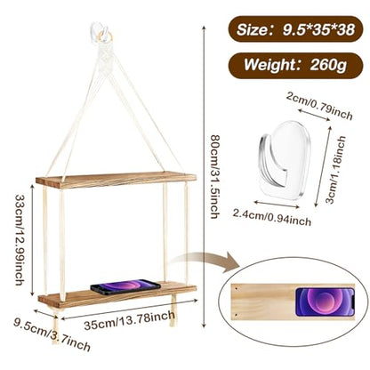 Macrame Wall Hanging Shelf, Handmade Cotton Rope Rustic Wood Shelve | Hand-Woven Cotton Rope & Natural Wood Hold 20 lbs. 2 Acrylic Hooks Included. Boho Charm for Displaying Plants & Collectibles
