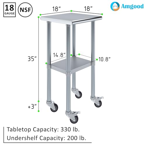 AmGood 18" Long x 18" Deep Stainless Steel Table with Casters - size: 18" Long x 18" Deep