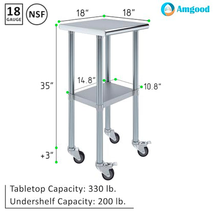 AmGood 18" Long x 18" Deep Stainless Steel Table with Casters - size: 18" Long x 18" Deep