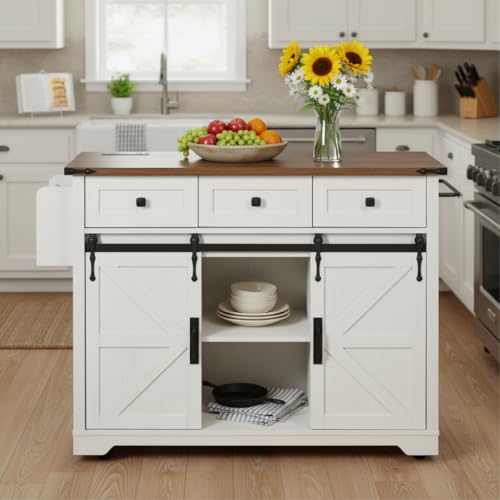 Ball & Cast Kitchen Island with Storage,53.7" Farmhouse Rolling Kitchen Island Cart w/Power Outlet & Drop Leaf,Mobile Island Table w/3 Drawers,Towel Rack and Spice Rack,for Home and Dining Room,White - color: White