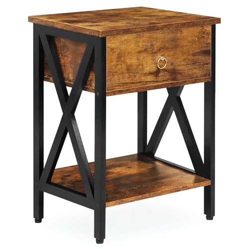 JMLHMXC Nightstands Industrial Bedside End Tables with Drawer and Storage Shelf,Small Side Table for Bedroom, Living Room, Sofa Couch,Brown