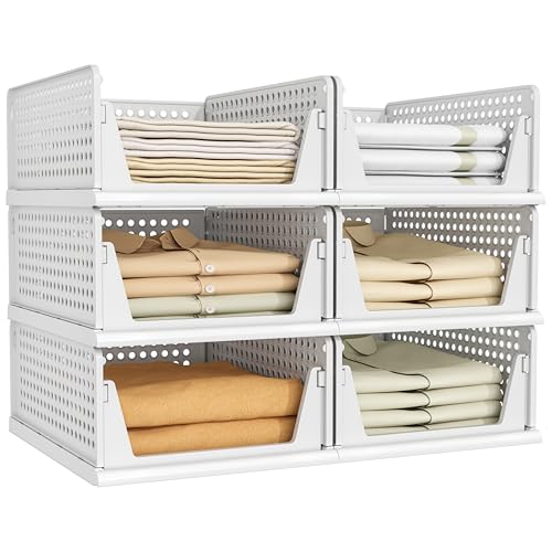 Pinkpum 6 Pack Closet Organizers Storage Bins, Stackable Plastic Drawer Basket for Clothing, Stackable Storage Bins Shelf Storage Container for Closet Wardrobe Bedroom Bathroom Office White - color: White, size: 6 Pack L