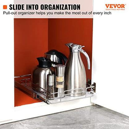 VEVOR 12.5"Wx21"Dx3.5"H Pull Out Cabinet Organizer, Heavy Duty Slide Out Pantry Shelves, Chrome-Plated Steel Roll Out Drawer, Drawer Storage for Home Under Sink, 14"Wx22"Dx7"H Install Size for Cabinet - size: 12.5"Wx21"D