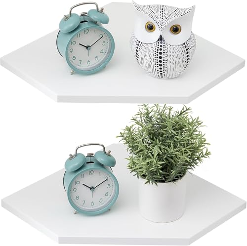 Corner Floating Shelves, White Corner Wall Shelf Set of 2, Solid Oak Wood Corner Shelves Wall Mount Shelf with Wire Hole Small Plant Display for Kitchen Living Room Bedroom - color: White,oak, size: 8.5inch(2PCS)