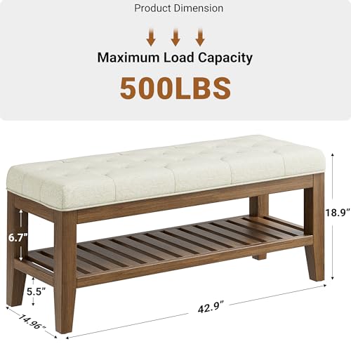 YaFiti End of Bed Storage Bench, 42.9" Entryway Shoe Bench with Solid Wood Shelf, Upholstered Ottoman with Padded Seat for Bedroom, Hallway and Living Room, Beige - color: Beige