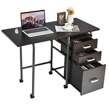 Tangkula Folding Computer Desk with 3 Drawers, Mobile Home Office Desk, Portable Laptop Desk Writing Table, Space Saving Compact Desk for Small Spaces, Dorm, Apartment - color: Brown