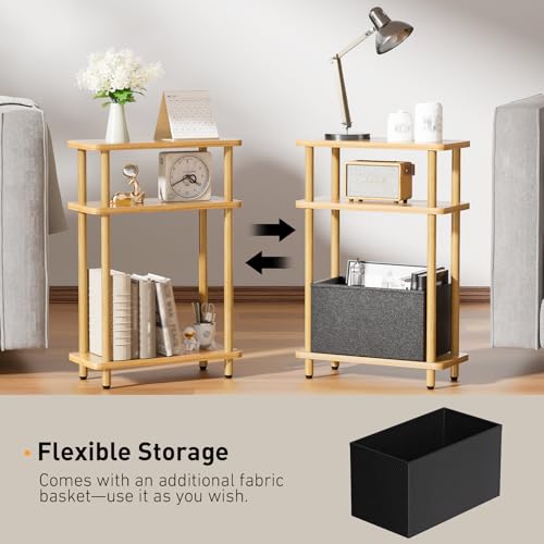 THUMEYE Narrow Side Table with Fabric Basket, 7" Wide, 3 Tier Skinny End Table with Wood Legs, Slim Nightstand/Bedside Table for Small Spaces, with Adjustable Feet, 15.7" L x 23" H - color: Burlywood
