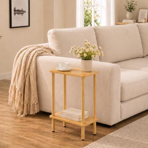 THUMEYE Narrow Side Table 7" Wide, 2 Tier Skinny End Table with Wood Legs, Slim Nightstand/Bedside Table for Small Spaces, with Adjustable Feet, 15.7" L x 20.6" H - color: Burlywood, size: 2-Tier