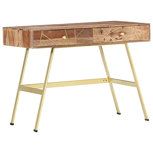 Industrial Writing Desk Small Office Desk Solid Sheesham Wood with Drawers, Brown Rectangular Computer Table for Home Office Study - color: Brown, size: 21.7 in x 39.4 in x 29.5 in (W x L x H)