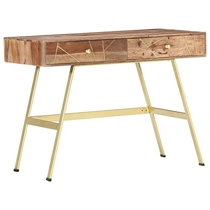 Industrial Writing Desk Small Office Desk Solid Sheesham Wood with Drawers, Brown Rectangular Computer Table for Home Office Study - color: Brown, size: 21.7 in x 39.4 in x 29.5 in (W x L x H)