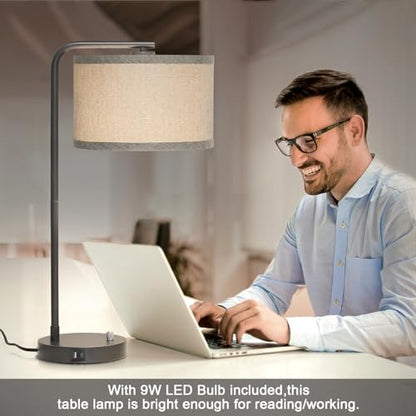 Gray Bedside Lamp with USB C+A Charging Ports, Fully Dimmable Modern Nightstand Lamp with Grey Fabric Shade, Tall Reading Lamp Desk Lamp for Bedroom Living Room Office with 3000K LED Bulb - color: Metal Gray Base with Gray Shade