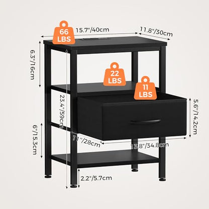 DUMOS Nightstand with Charging Station, Bedside Table with 1 USB-A, 1 USB-C & 2 AC Outlets, Fabric Drawer with Adjustable Open Shelf, Compact End Table for Bedroom, Black - color: Black, size: 15.7"Dx11.8"Wx23.4"H(1 Drawer, 1 Pack)